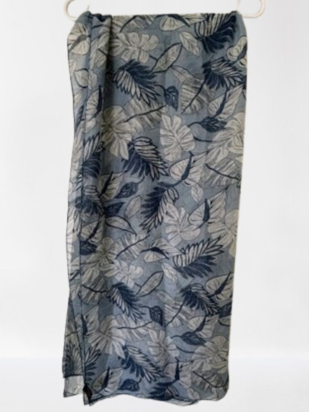 Semi-Sheer Blue Botanical Leaf Print Scarf